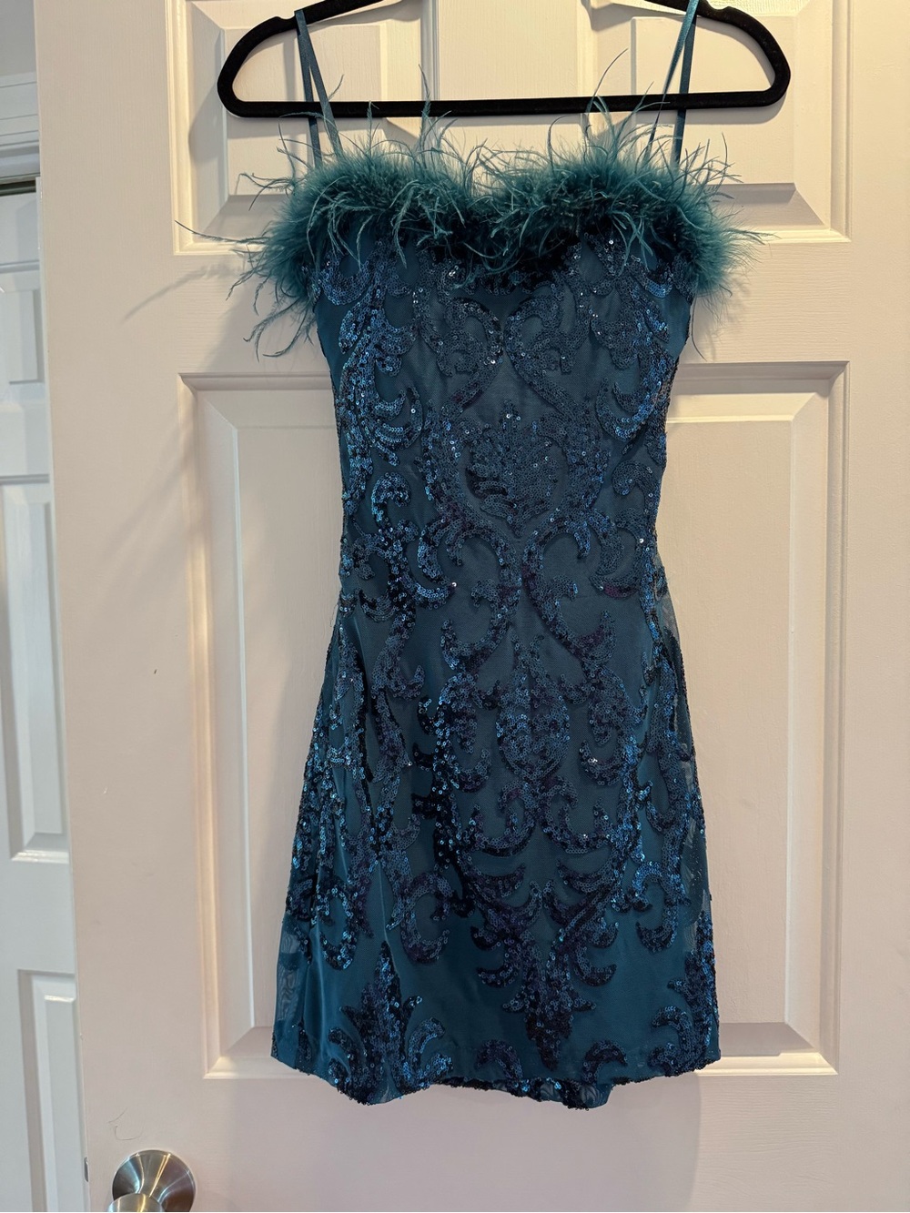 Windsor Teal Sequin Feather-Trim Mini Dress